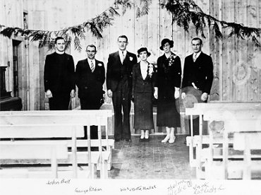 Left to right, John Elderkin Bell, George Kitchen, Wesley Allan Mullet, Elisabeth Lily Mullett, Thelma Teleske, Jack Rutledge. Bell was the Minister of the United Church, wpH489